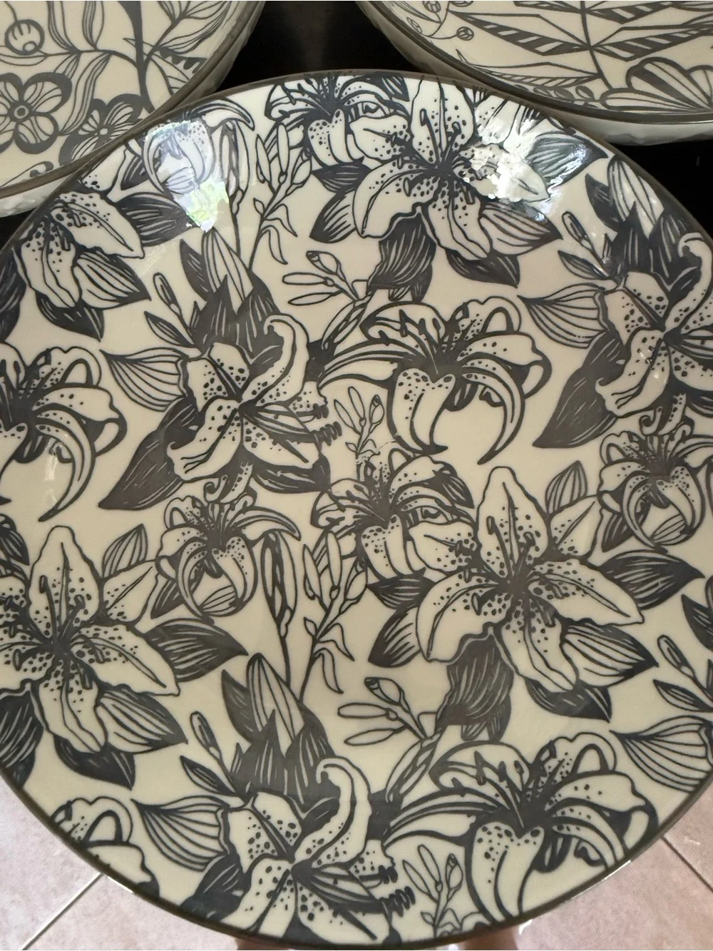 Decorative Floral Ceramic Bowl - grey  and White